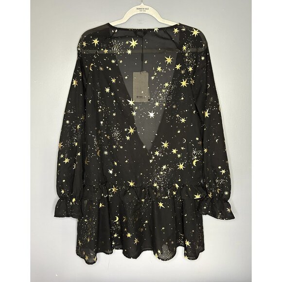 Haoduoyi Mini Dress Womens XL Gold Star Moon Sheer Chiffon Long Sleeve Tunic Top - Picture 9 of 13
